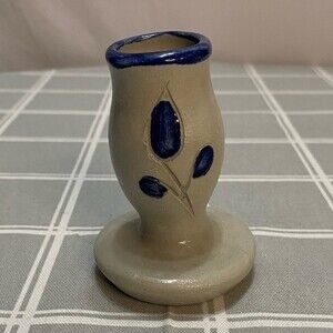 Williamsburg VA Pottery Primitive Handmade Grey Blue Bud Vase Candle Holder